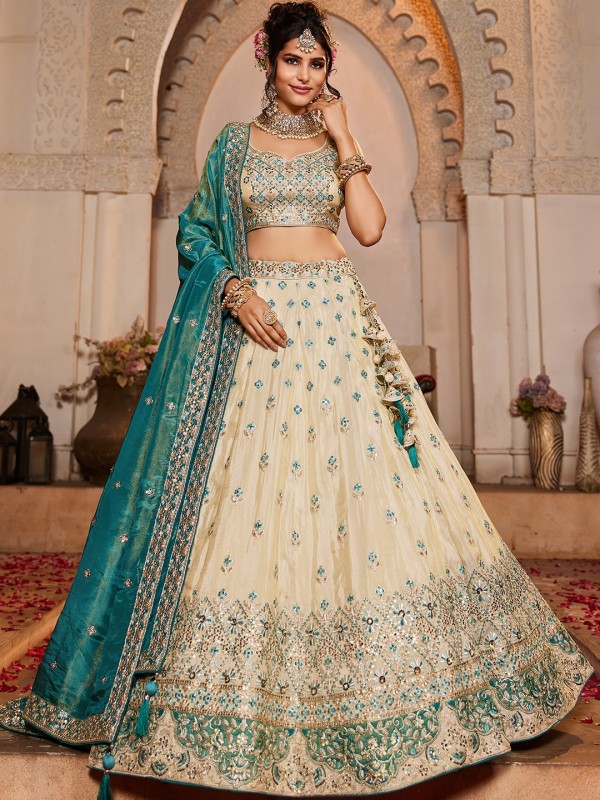 Pure Tissue Silk Fabric Wedding Wear Lehenga In Cream Color With Embroidery Work    