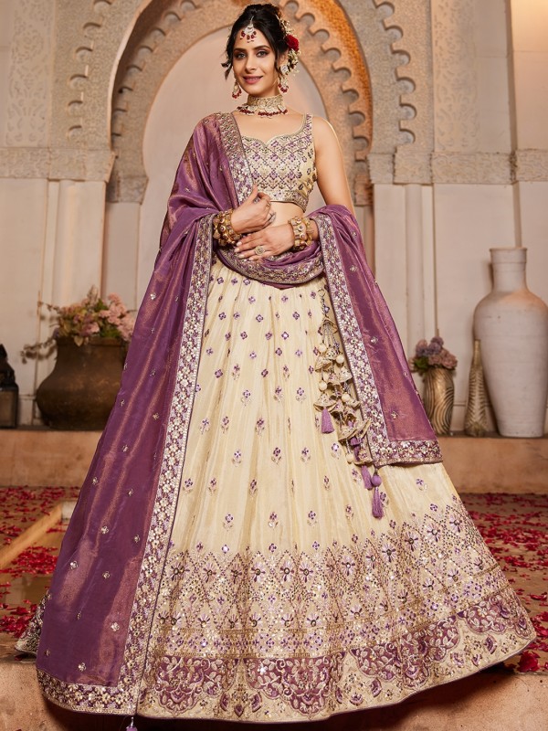 Pure Tissue Silk Fabric Wedding Wear Lehenga In Cream Color With Embroidery Work    