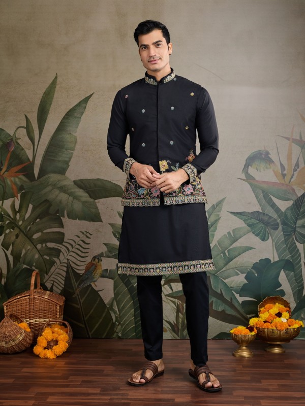 Pure Cotton Readymade Koti Kurta set in Black Color With Embroidery work 