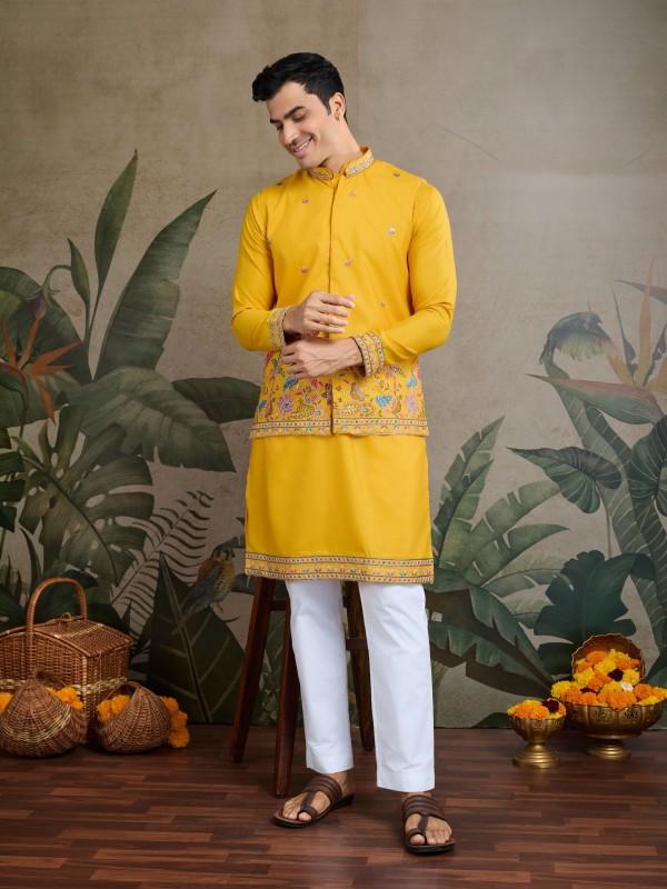 Pure Cotton Readymade Koti Kurta set in Yellow Color With Embroidery work 