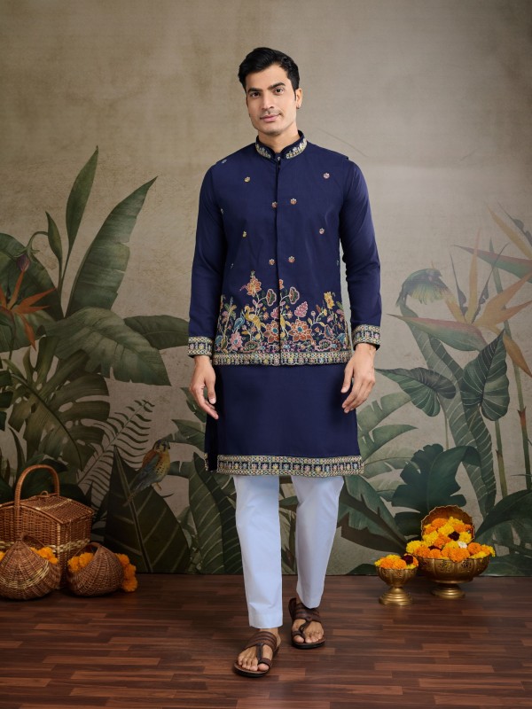 Pure Cotton Readymade Koti Kurta set in Blue Color With Embroidery work 