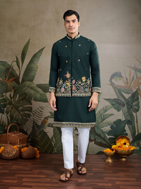 Pure Cotton Readymade Koti Kurta set in Green Color With Embroidery work 