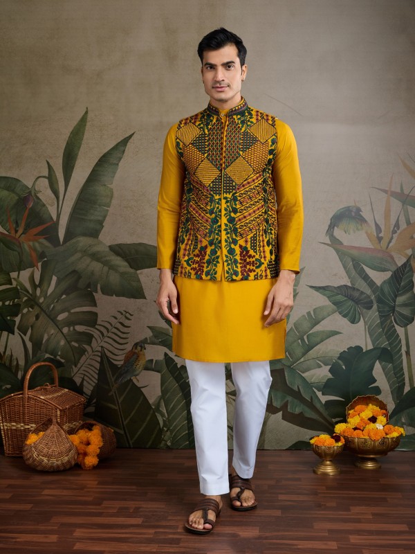 Viscose Silk Readymade Koti Kurta in Yellow Color With Embroidery work 