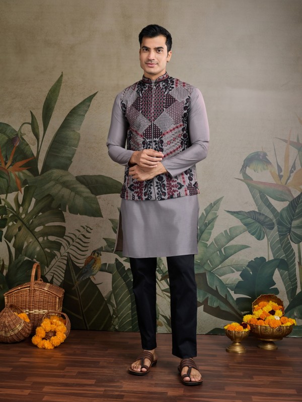 Viscose Silk Readymade Koti Kurta in Grey Color With Embroidery work 