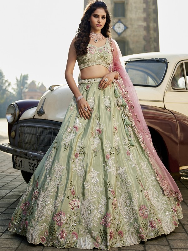 Pure Satin Silk Fabric Wedding Wear Lehenga In Lime Green Color With Embroidery Work    