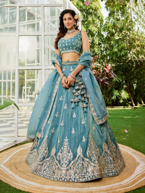 Pure Organza Silk Fabric Lehenga Green Color Lehenga With Embroidery Work & Moti Work    