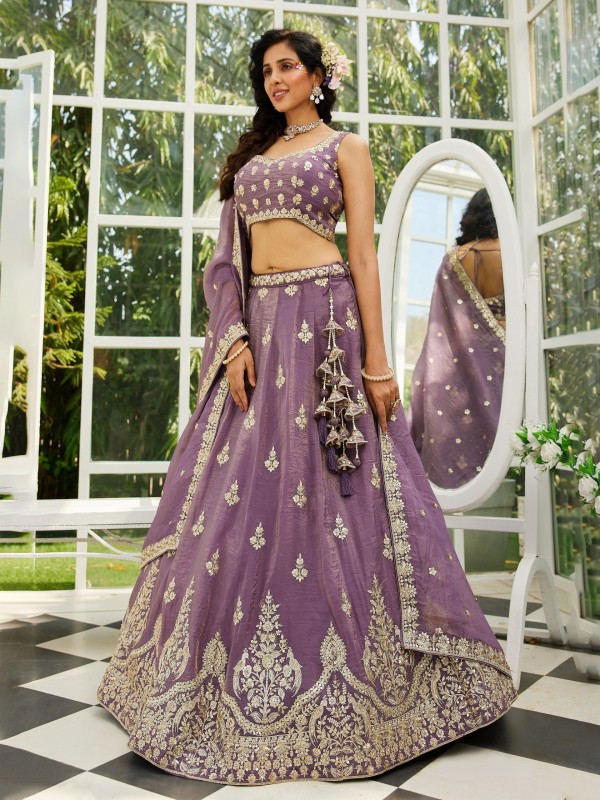 Pure Organza Silk Fabric Lehenga Purple Color Lehenga With Embroidery Work & Moti Work    