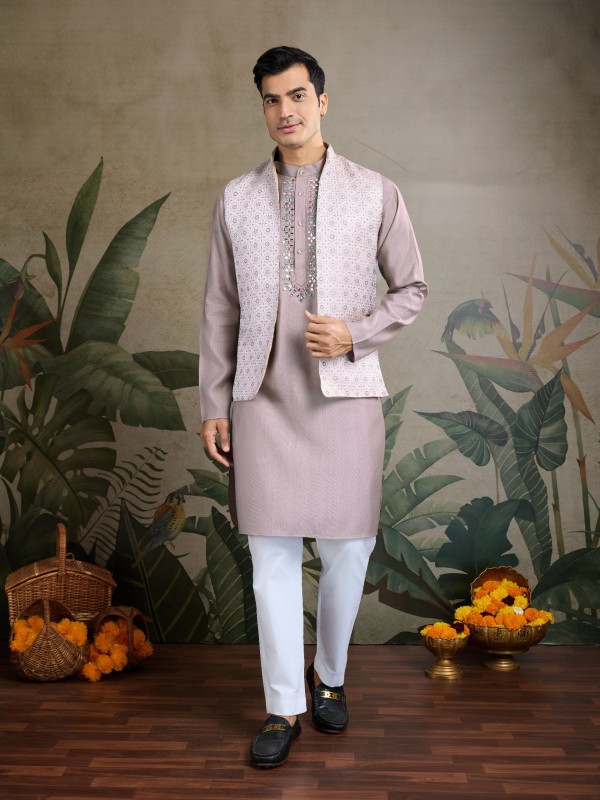 Pure Viscose Readymade Koti Kurta set in Beige Color With Jacquard work 