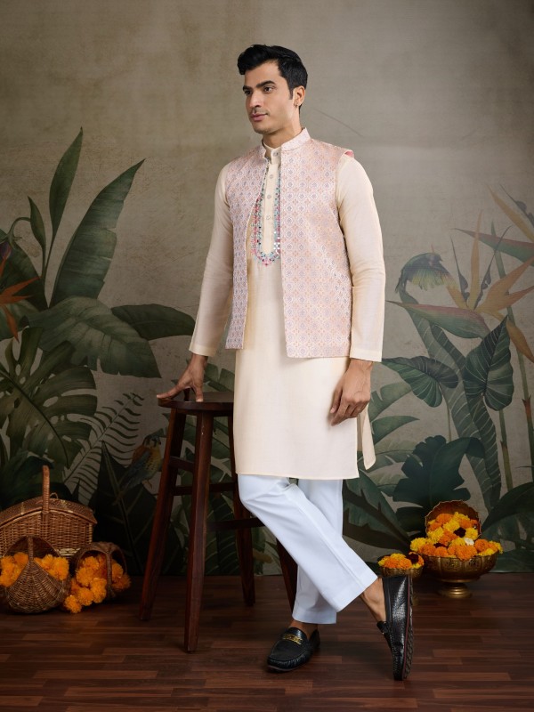 Pure Viscose Readymade Koti Kurta set in Off White Color With Jacquard work 