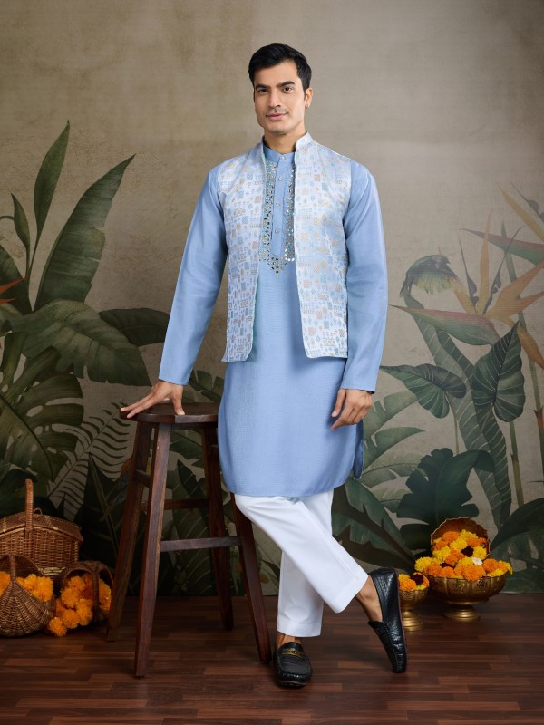 Pure Viscose Readymade Koti Kurta set in Sky Color With Jacquard work 
