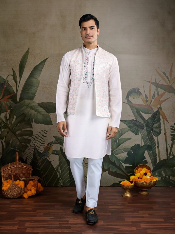 Pure Viscose Readymade Koti Kurta set in White Color With Jacquard work 