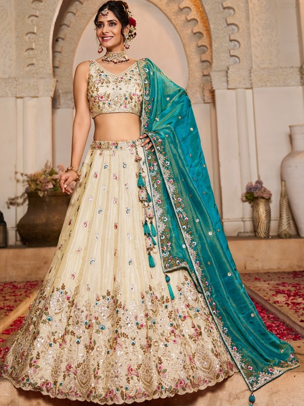 Pure Tissue Silk fabric Wedding Wear Lehenga In Teal Color With Embroidery Work 