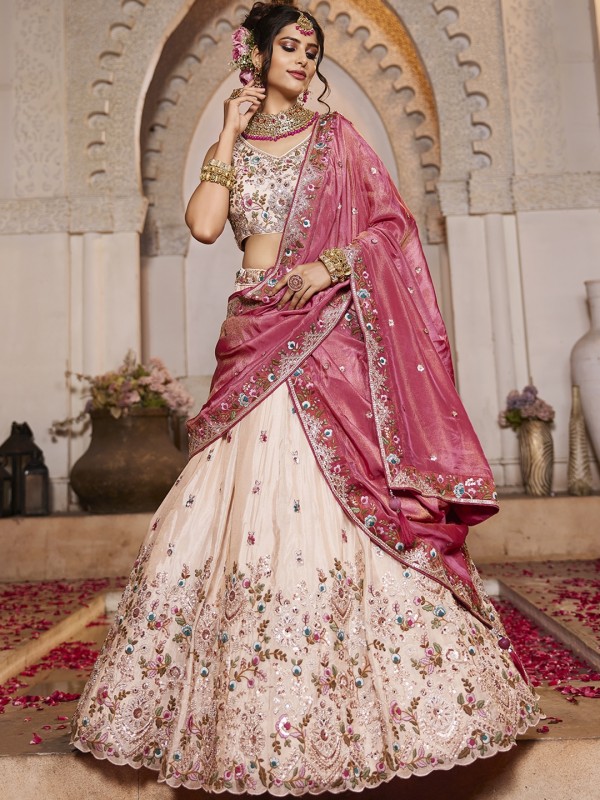 Pure Tissue Silk fabric Wedding Wear Lehenga In Pink Color With Embroidery Work 