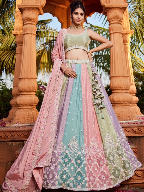 Pure Chinon Silk Fabric Wedding Wear Lehenga In Pink Color With Embroidery Work    