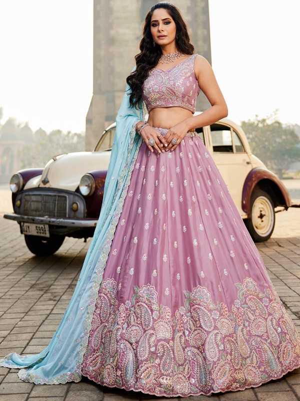 Pure Georgette Fabric Wedding Wear Lehenga In Lavender Color With Embroidery Work    
