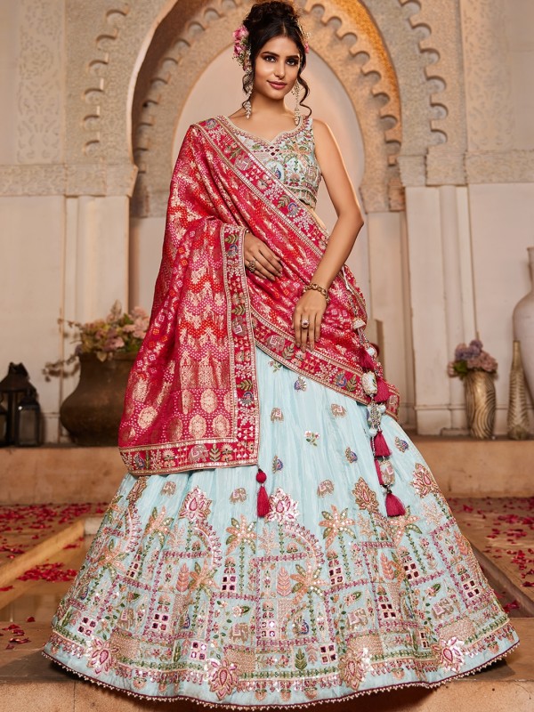 Pure Tissue Silk fabric Wedding Wear Lehenga In Blue Color With Embroidery Work 