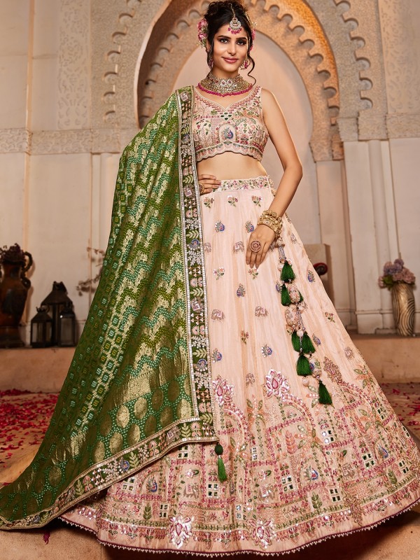 Pure Tissue Silk fabric Wedding Wear Lehenga In Peach Color With Embroidery Work 
