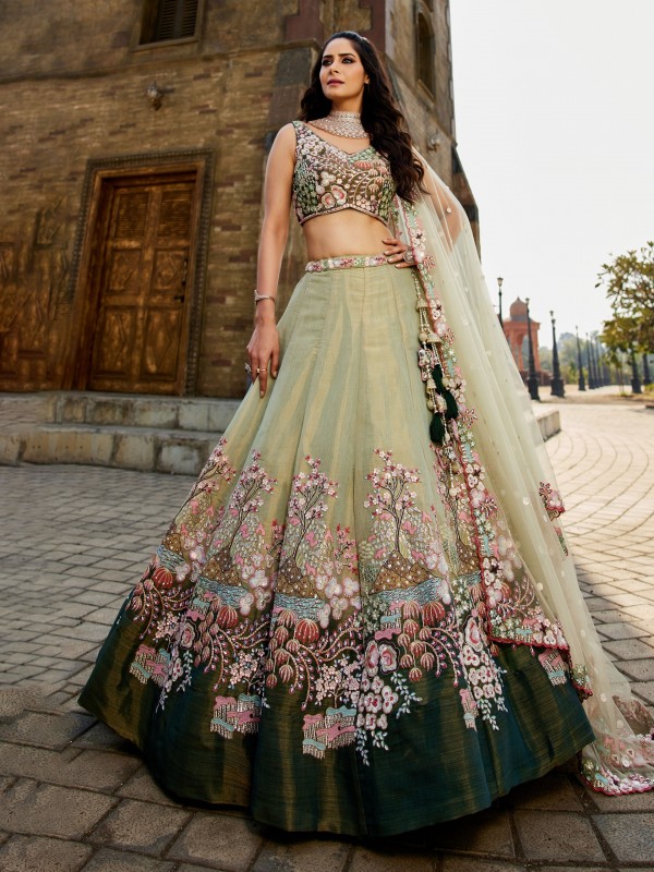 Soft Bridal Net Wedding Wear Lehenga In Green Color With Embroidery Work    