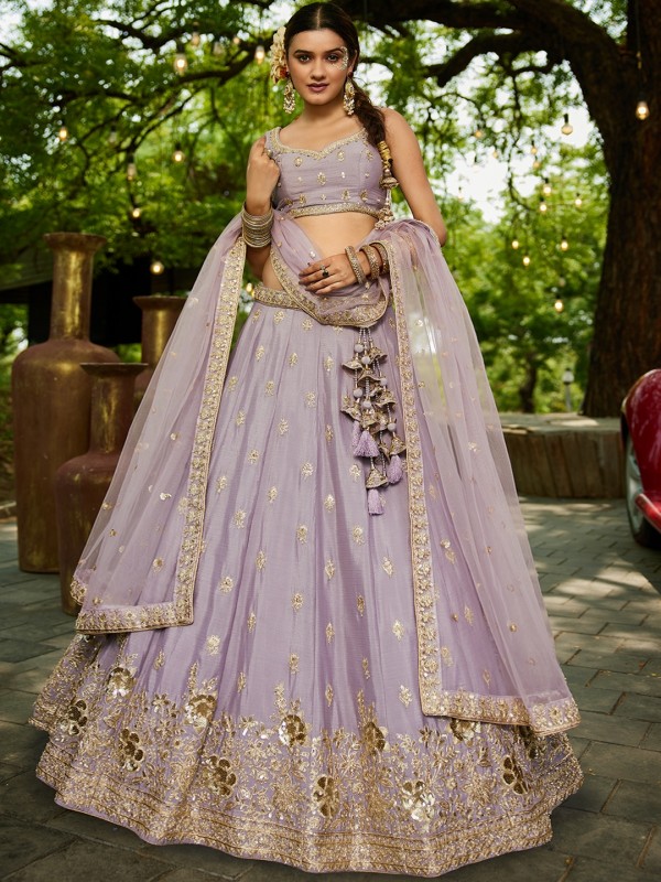 Pure Chiffon fabric Lehenga In Mauve Color With Embroidery Work 