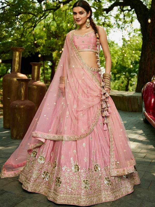 Pure Chiffon fabric Party Wear Lehenga In Pink Color With Embroidery Work 