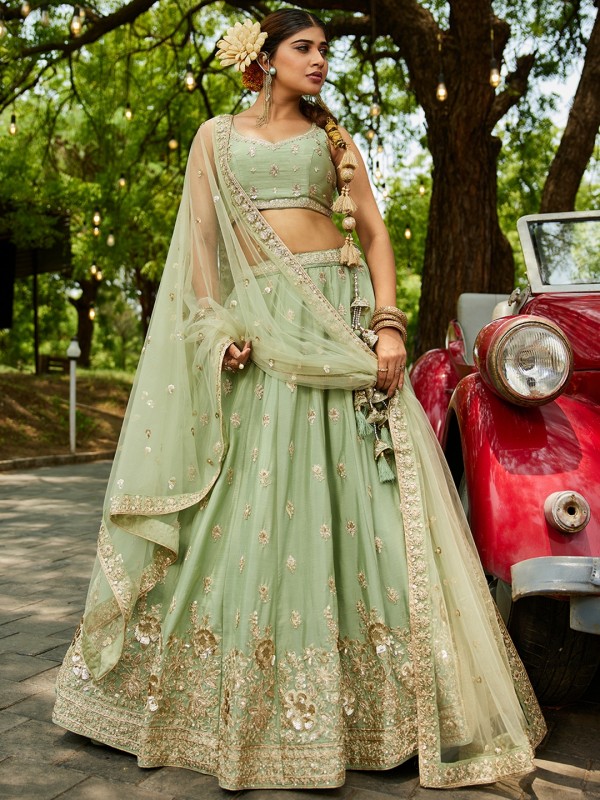 Pure Chiffon fabric Lehenga In Lime Green Color With Embroidery Work 