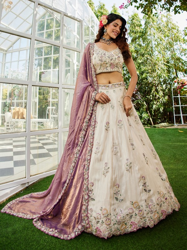 Pure Viscose Fabric Wedding Wear Lehenga In Cream Color With Embroidery Work    