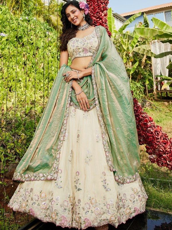 Pure Viscose Fabric Wedding Wear Lehenga In Cream Color With Embroidery Work    
