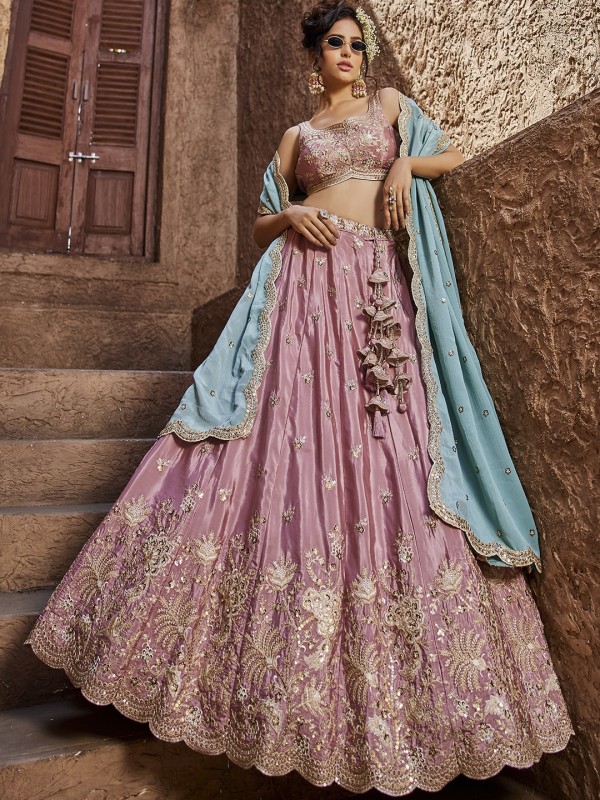 Pure Satin Silk Fabric Wedding Wear Lehenga In Pink Color With Embroidery Work    