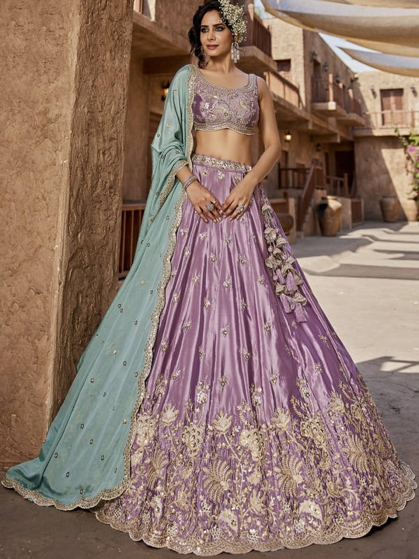 Pure Satin Silk Fabric Wedding Wear Lehenga In Lavender Color With Embroidery Work    