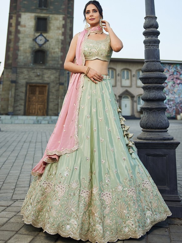 Pure Satin Silk Fabric Wedding Wear Lehenga In Lime Green Color With Embroidery Work    