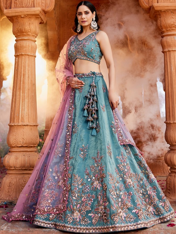 Pure Tissue Silk Fabric Wedding Wear Lehenga In Blue Color With Embroidery Work    
