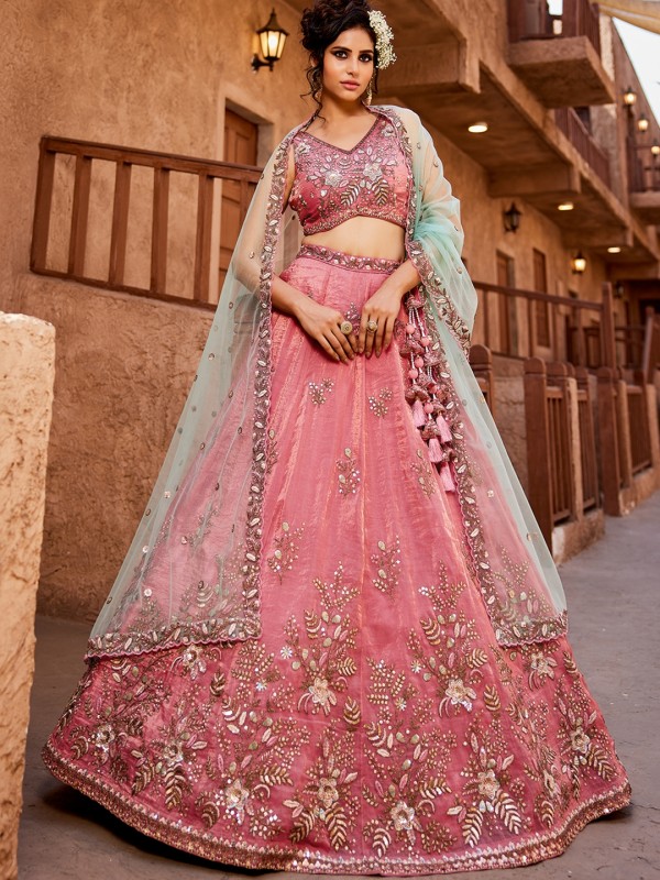 Pure Tissue Silk Fabric Wedding Wear Lehenga In Pink Color With Embroidery Work    