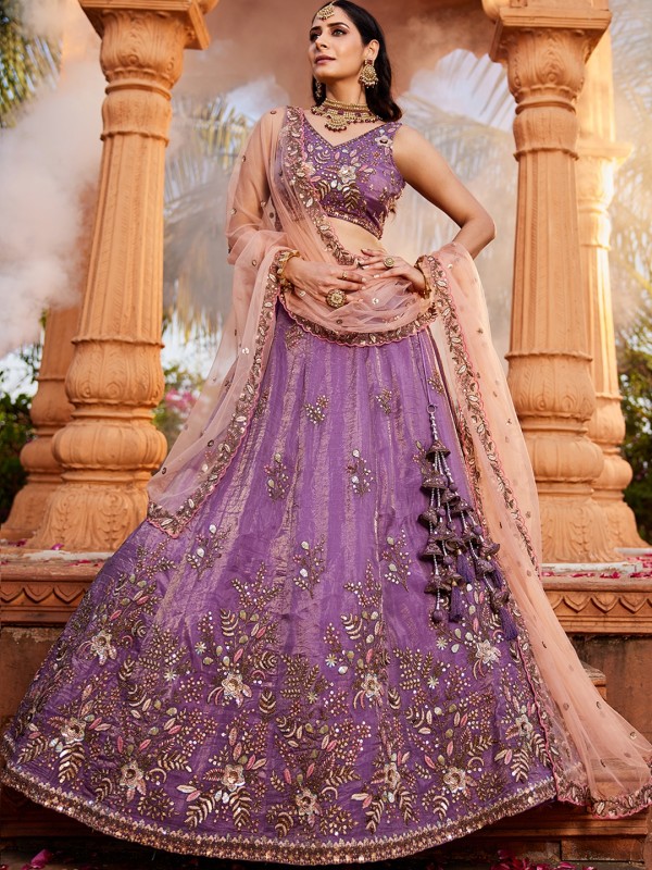 Pure Tissue Silk Fabric Wedding Wear Lehenga In Purple Color With Embroidery Work    