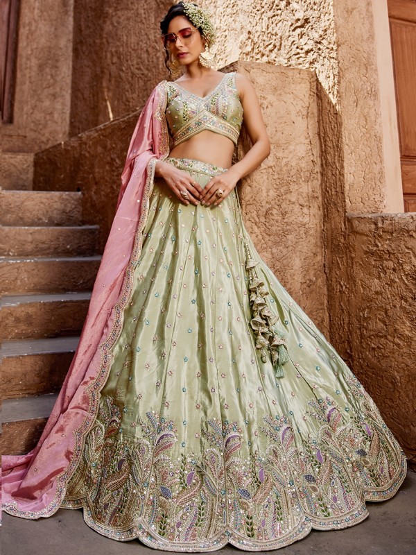 Pure Satin Silk Fabric Wedding Wear Lehenga In Lime Green Color With Embroidery Work    