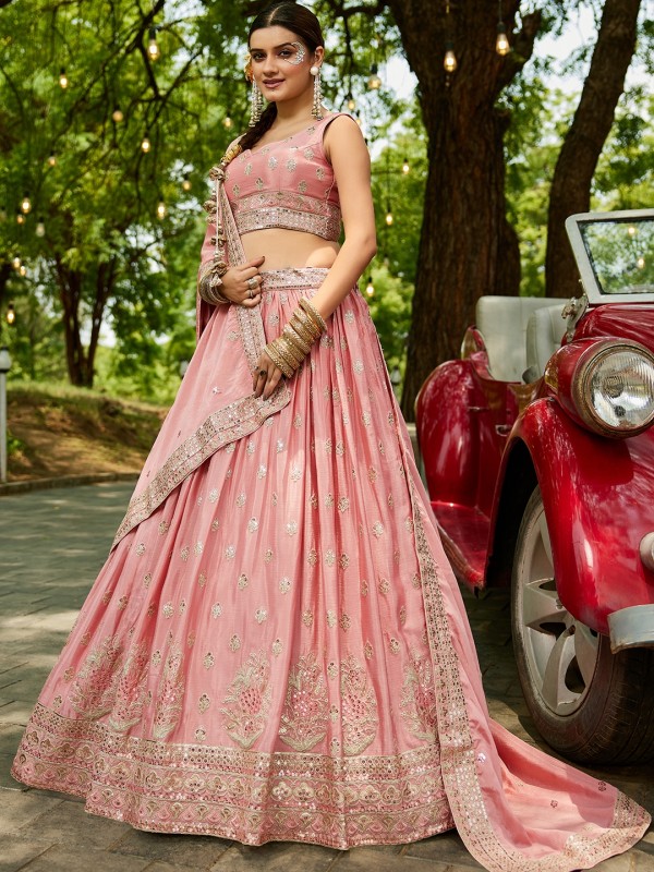 Pure Chinon fabric Party Wear Lehenga In Pink Color With Embroidery Work 