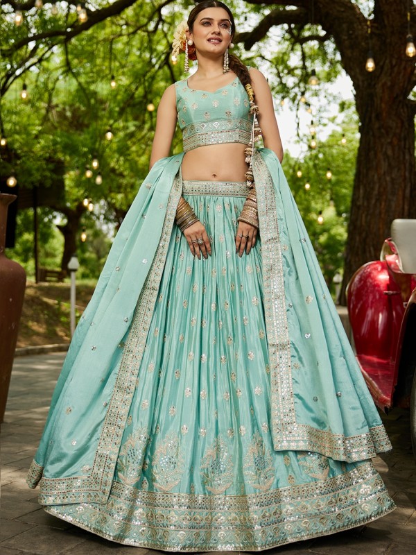 Pure Chinon fabric Party Wear Lehenga In Sea Green Color With Embroidery Work 