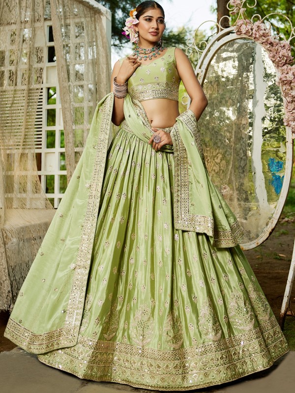 Pure Chinon fabric Party Wear Lehenga In Lime Green Color With Embroidery Work 