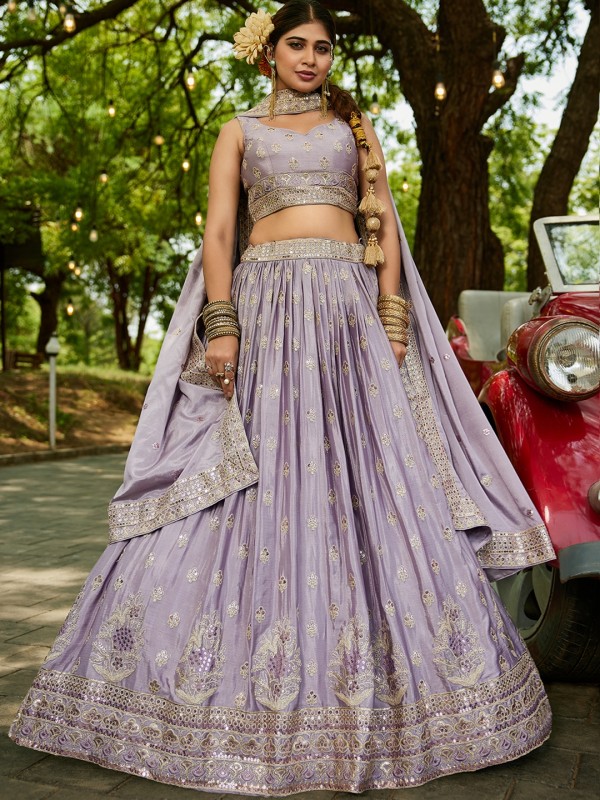 Pure Chinon fabric Party Wear Lehenga In Mauve Color With Embroidery Work 