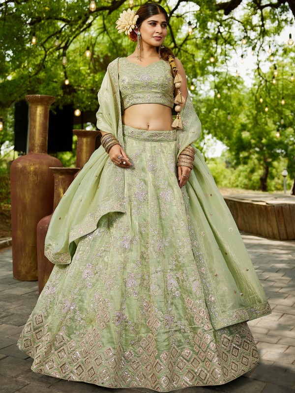 Pure Tissue Silk fabric Wedding Wear Lehenga In Lime Green Color With Embroidery Work 