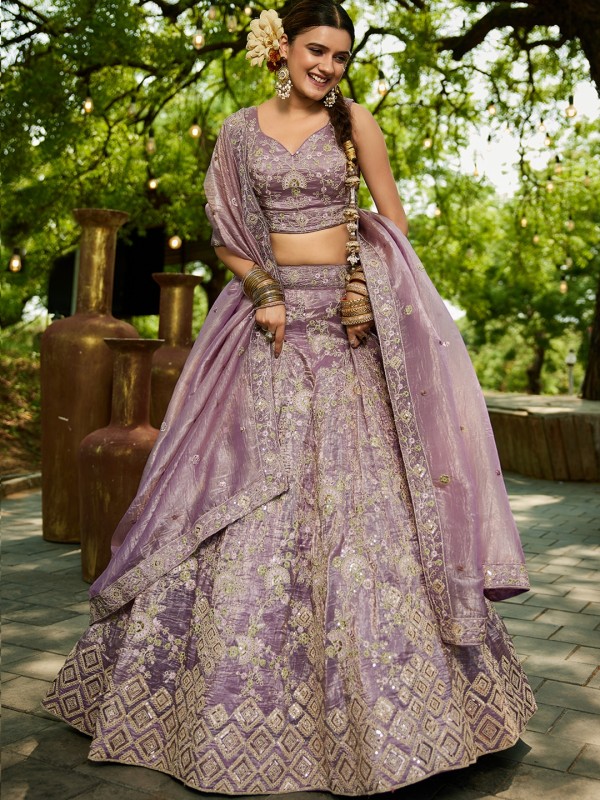 Pure Tissue Silk fabric Wedding Wear Lehenga In Lavender Color With Embroidery Work 