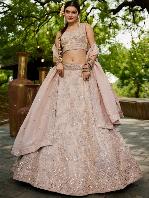 Pure Tissue Silk fabric Wedding Wear Lehenga In Nude Color With Embroidery Work 