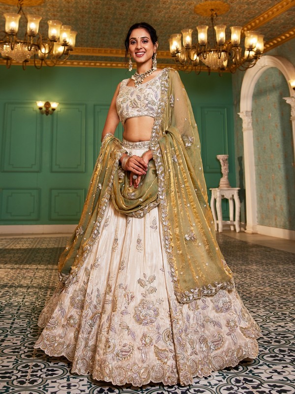 Pure Viscose Fabric Wedding Wear Lehenga In Cream Color With Embroidery Work    
