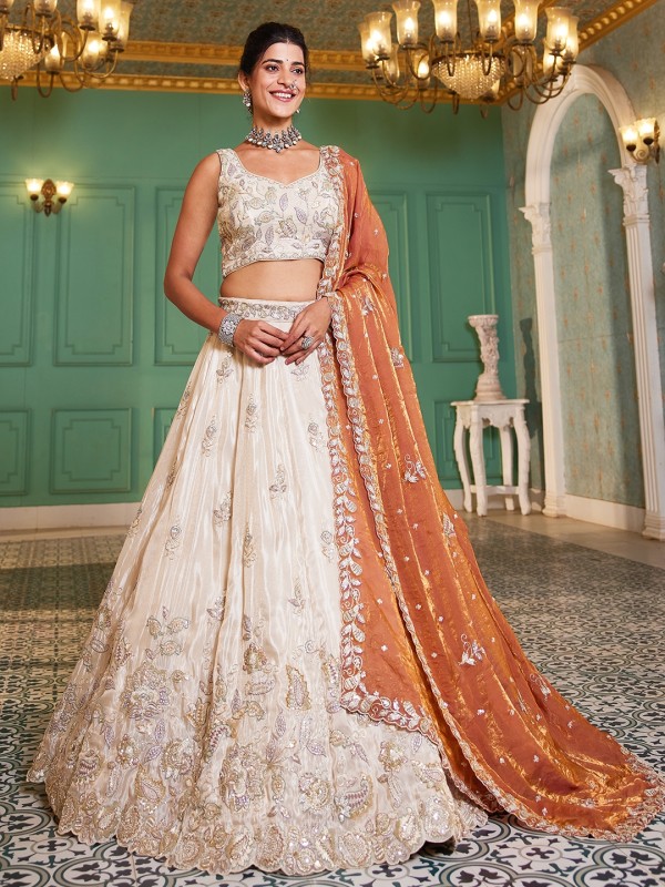 Pure Viscose Fabric Wedding Wear Lehenga In Cream Color With Embroidery Work    