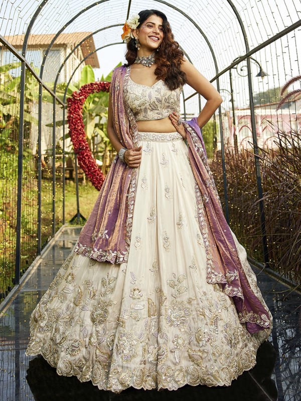Pure Viscose Fabric Wedding Wear Lehenga In Cream Color With Embroidery Work    