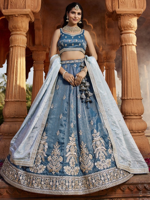 Pure Tissue Silk Fabric Wedding Wear Lehenga In Blue Color With Embroidery Work    