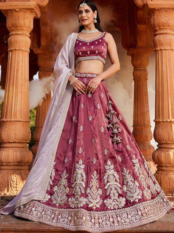 Pure Tissue Silk Fabric Wedding Wear Lehenga In Burgundy Color With Embroidery Work    