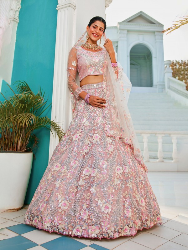 Soft Premium Net Fabric Lehenga In Grey Color With Embroidery Work & Zarkan Work    