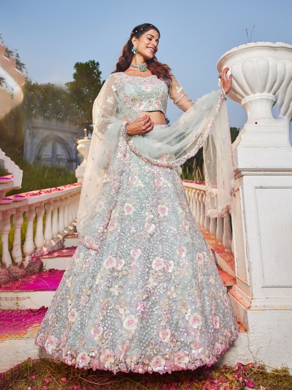 Soft Premium Net Fabric Lehenga In Sea Green Color With Embroidery Work & Zarkan Work    