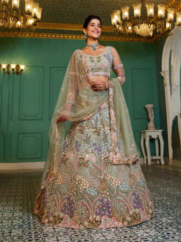 Soft Premium Net Fabric Lehenga In Lime Green Color With Embroidery Work & Zarkan Work    