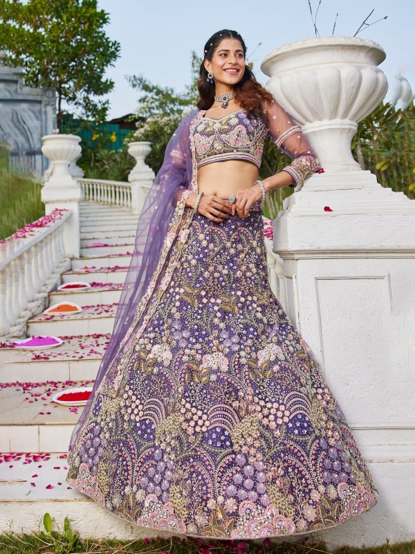 Soft Premium Net Fabric Lehenga In Purple Color With Embroidery Work & Zarkan Work    